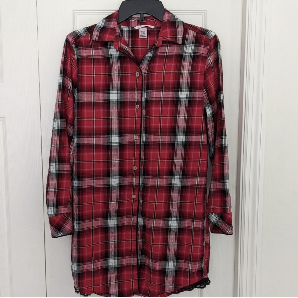 Victoria's Secret flannel night shirt button down red and black plaid